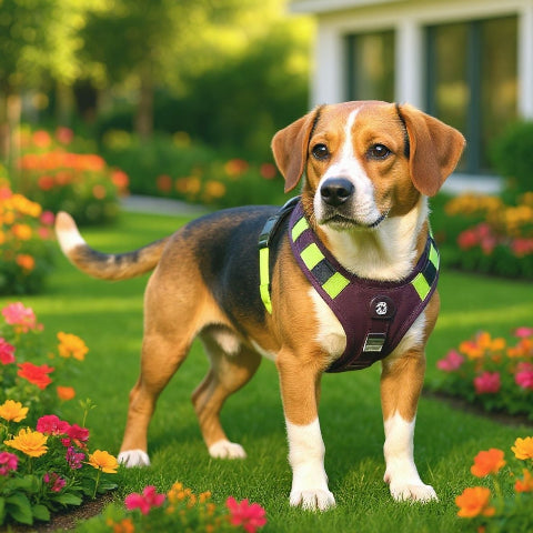 beagle qui porte le harnais chien veste  tactique rouge violet de bonne qualite