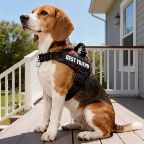 beagle qui porte le harnais pour chien de service Servidog rouge pratique