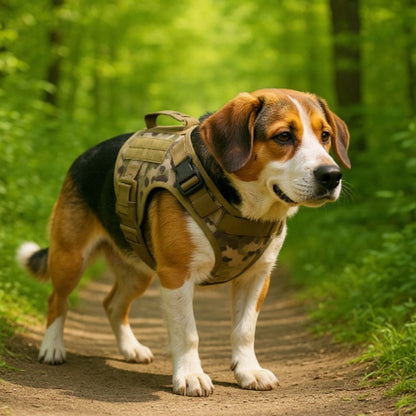 beagle qui porte le harnais pour chien tacticontrol camouflage indispensable