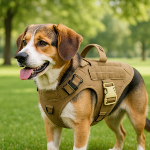 beagle qui porte le harnais pour chien tacticontrol kaki confortable