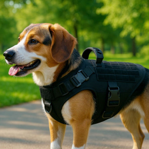 beagle qui porte le harnais pour chien tacticontrol noir durable