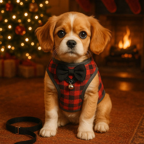 beagle qui porte le harnais pour petit chien Lignes carrees colorees rouge noir