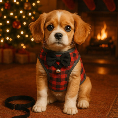 beagle qui porte le harnais pour petit chien Lignes carrees colorees rouge noir