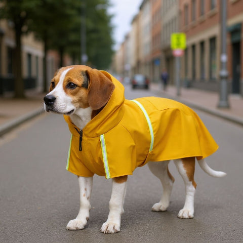 beagle qui porte le manteau pour chien glowcape jaune beau