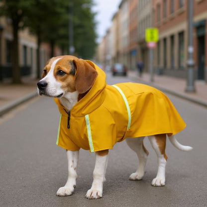 beagle qui porte le manteau pour chien glowcape jaune brillant