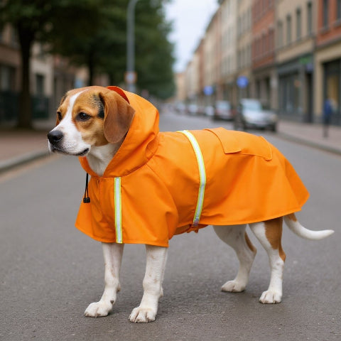 beagle qui porte le manteau pour chien glowcape orange joli