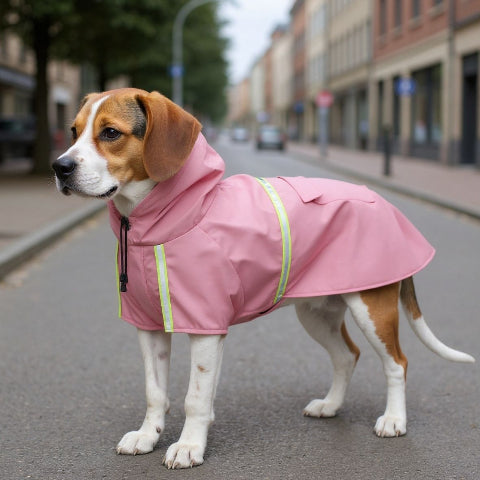 beagle qui porte le manteau pour chien glowcape rose beau