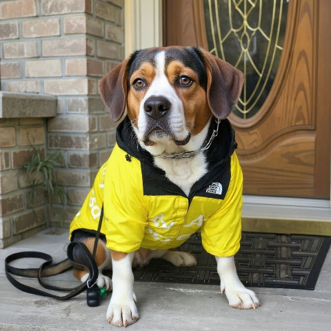 beagle qui porte le manteau pour chien the dog face jaune