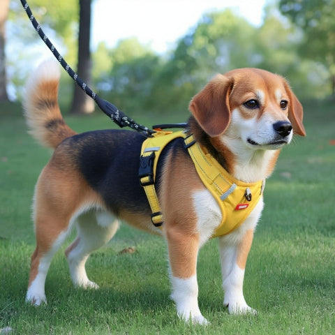 beagle qui porte porte le harnais chien laisse anti traction jaune de bonne qualite