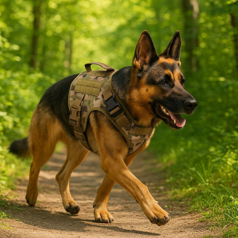 berger allemand qui marche la foret en portant le harnais pour chien militaire tacticontrol camouflage