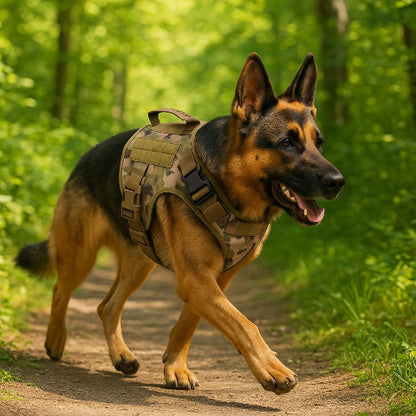 berger allemand qui marche la foret en portant le harnais pour chien militaire tacticontrol camouflage