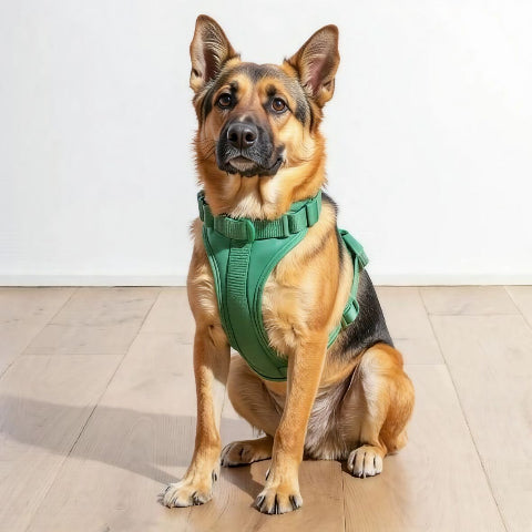 berger allemand qui porte le harnais anti traction chien vert robuste