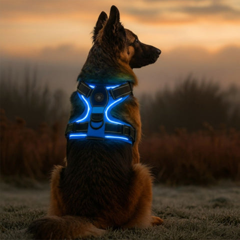 berger allemand qui porte le harnais chien LED lumineux bleu