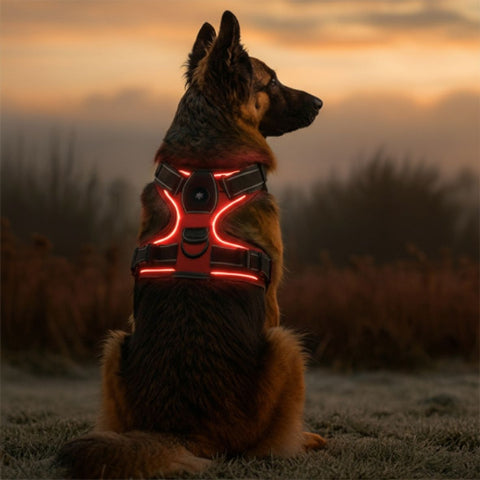 berger allemand qui porte le harnais chien LED lumineux rouge de qualite
