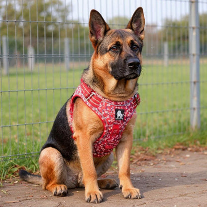 berger allemand qui porte le harnais chien Truelove et qui s'assoit sur terre