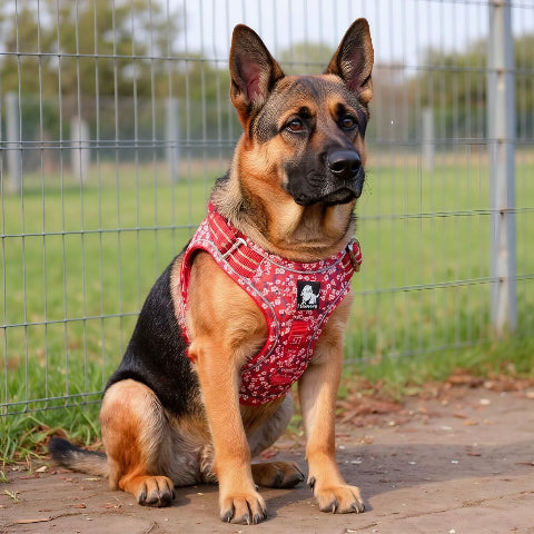 berger allemand qui porte le harnais chien Truelove rouge poppy et qui s'assoit sur terre