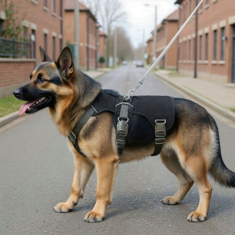 berger allemand qui porte le harnais chien triple sangle de poitrine noir essentiel