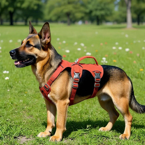 berger allemand qui porte le harnais chien triple sangle de poitrine orange robuste