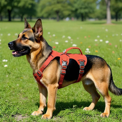 berger allemand qui porte le harnais chien triple sangle de poitrine orange robuste