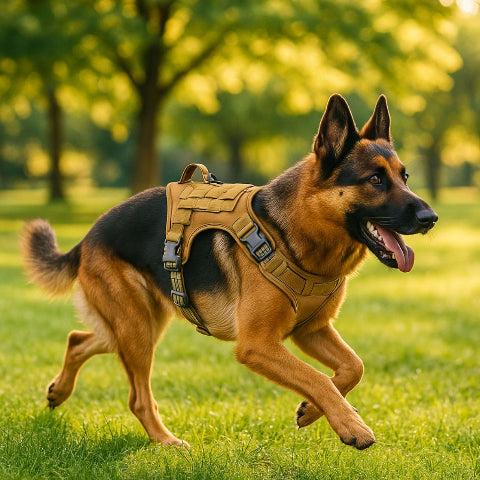 berger allemand qui se promene en portant dans un parc en portant le harnais militaire chien gilet molle Khaki camo