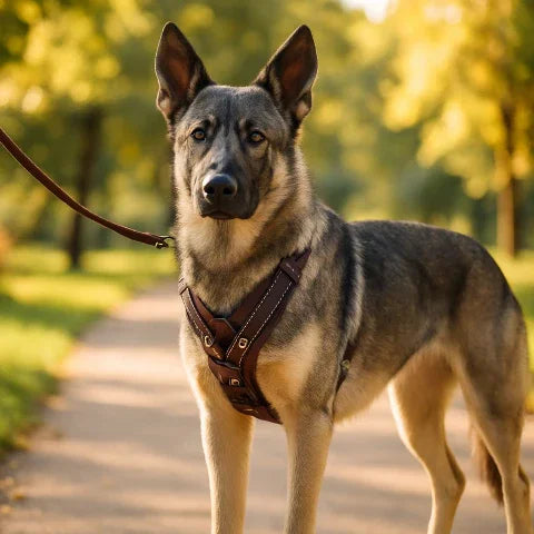 berger allemand qui se promene dans  un parc qui porte le harnais chien en cuir veritable SFP brun