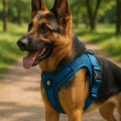 berger allemand qui se promene en portant le harnais chien veste tactique bleu