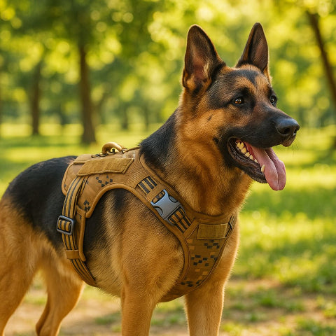 berger allemand qui se promene en portant le harnais militaire chien gilet molle camo