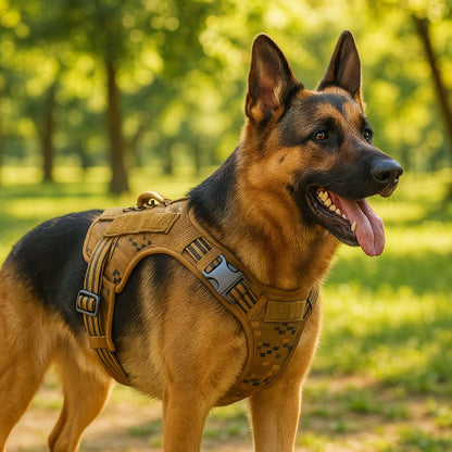 berger allemand qui se promene en portant le harnais militaire chien gilet molle camo