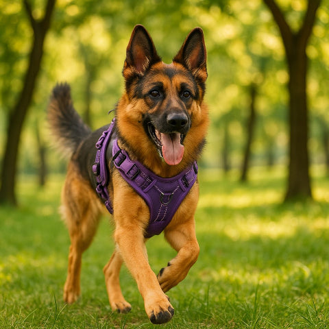 berger allemand qui se promene en portant le harnais militaire chien gilet molle violet