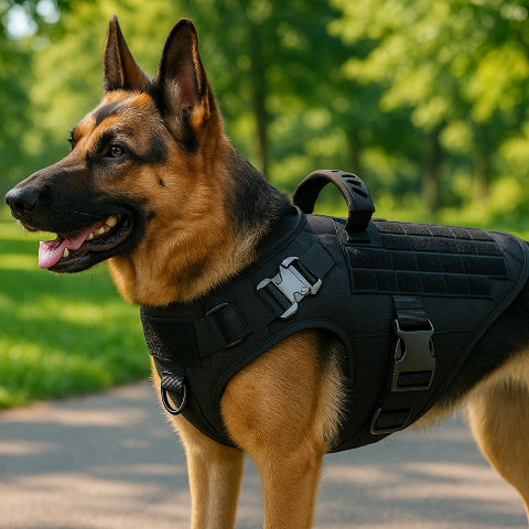 berger allemand qui se promene la foret en portant le harnais pour chien militaire tacticontrol noir