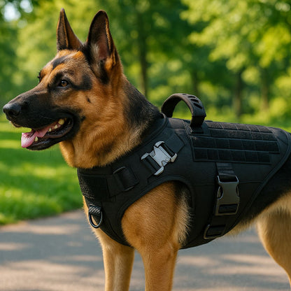 berger allemand qui se promene la foret en portant le harnais pour chien militaire tacticontrol noir