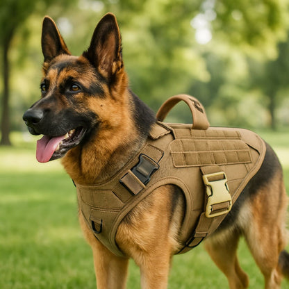berger allemand qui se promene le jardin en portant le harnais pour chien militaire tacticontrol khaki