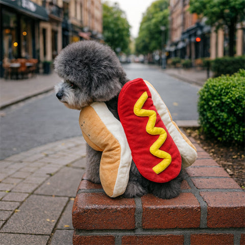 bichon frise qui porte le deguisement chien hot dog chic
