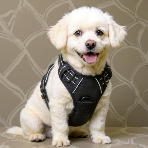 bichon frise qui porte le harnais chien anti traction noir de bonne qualite