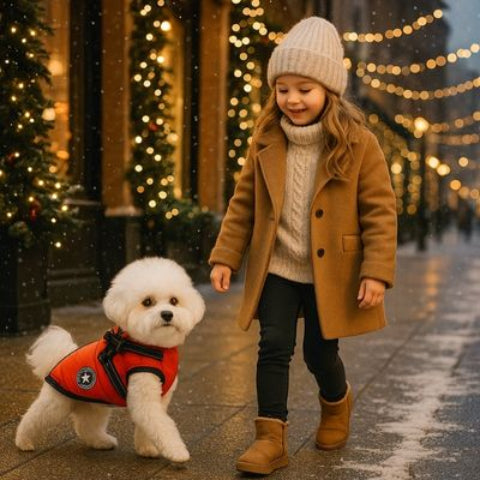 bichon qui porte le harnais chien hiver rouge tres cool