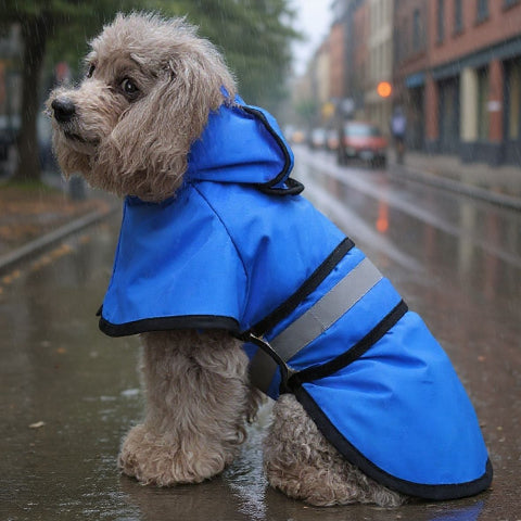 bichon qui porte le manteau pour chien rainproof bleu
