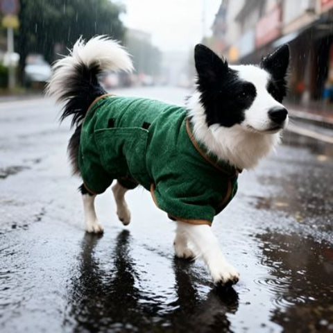 border collie qui porte le peignoir pour chien vert sous la pluie
