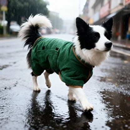 border collie qui porte le peignoir pour chien vert sous la pluie
