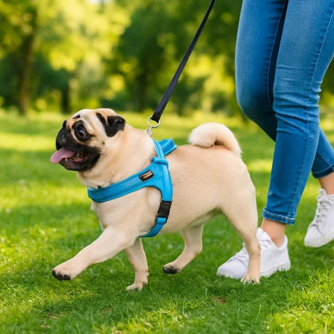 bulldog qui marche avec son proprietaire en portant le harnais chien anti traction dans un parc