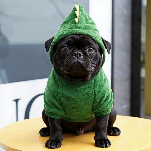 bulldog qui porte deguisement chien en dinosaure vert adorable