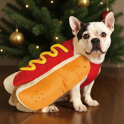 bulldog qui porte le deguisement chien hot dog tres oli