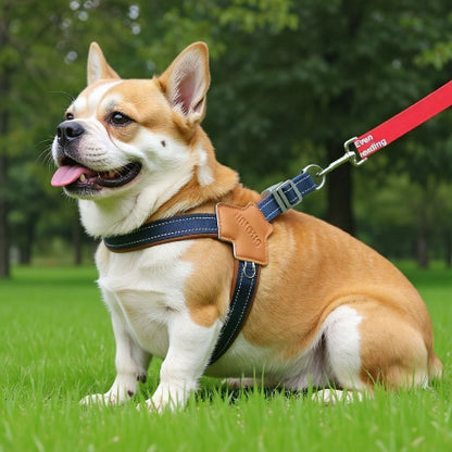 bulldog qui porte le harnais anti  traction chien sangle de poitrine bleu essentiel