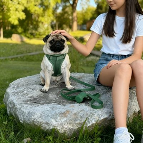 bulldog qui porte le harnais anti traction chien vert trop joli