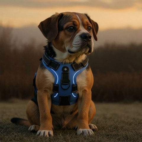 beagle qui porte le harnais chien LED lumineux bleu essentiel