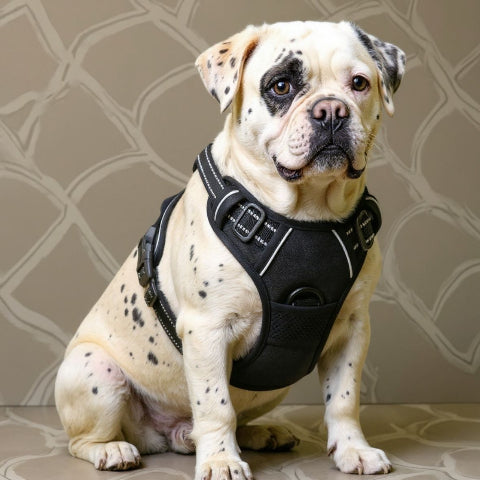 bulldog qui porte le harnais chien anti traction noir confortable