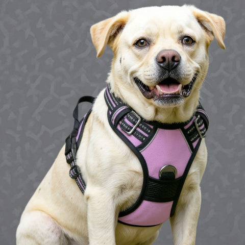 bulldog qui porte le harnais chien anti traction rose joli