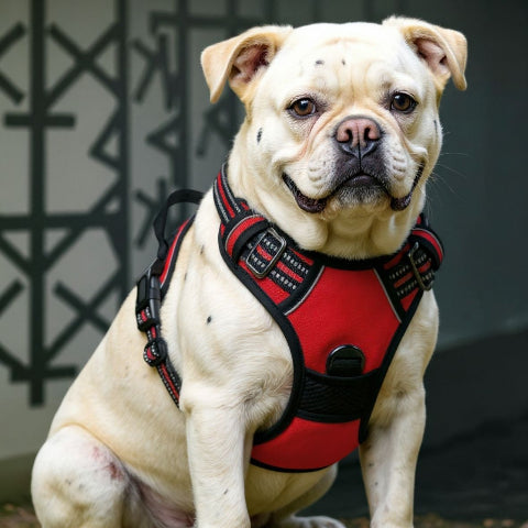 bulldog qui porte le harnais chien anti traction rouge robuste
