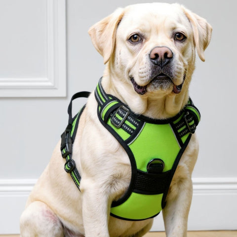 bulldog qui porte le harnais chien anti traction vert chic