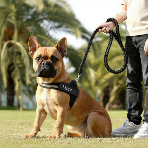 bulldog qui porte le harnais chien de service servidog noir robuste