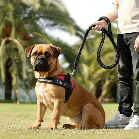 bulldog qui porte le harnais chien de service servidog rouge